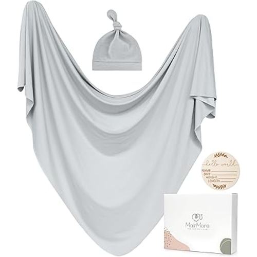 Baby Swaddle Receiving Blankets with Matching Beanie Set Newborn Nursery Swaddle Wrap for Baby Girls and Boys (Grey)