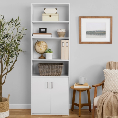 Mainstays Traditional 5 Shelf Bookcase with Doors, Soft White Finish