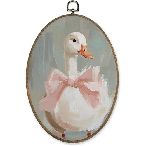 LKETW Coquette Pink Bow Goose Oval Wall Art Decor, Vintage Goose Oval Canvas Hanging Decor, Preppy Farmhouse Animal Wall Decorations for Girly Room Bedroom Dorm Home, 8.6x11.4 Inch