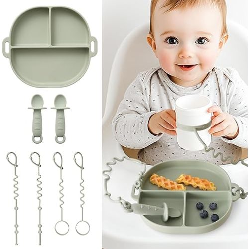 Baby Plates with Suction Silicone Baby Spoons Divided Baby Plates Silicone Baby Safety Toy Straps Baby Bottle Bungees Baby Feeding Set All-in-one Baby Plates-Sage