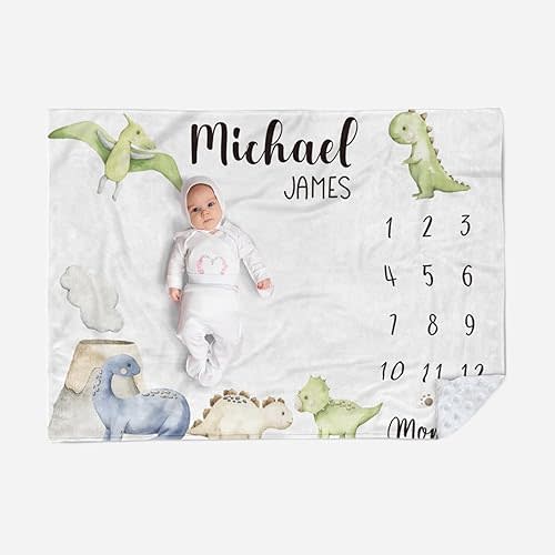 Custom Baby Monthly Milestone Blanket - Custom Name with Dinosaur Designs Photography Background - Soft Plush Blanket with Double Layer Dotted Backing for Boys Girls Gift Color01(30"x40")