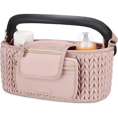 mommore Stroller Organizer with Insulated Cup Holders, Adjustable Stroller Caddy with Detachable Phone Bag, Stroller Accessories Fits for Uppababy, Doona, Jogger, Britax (pink)