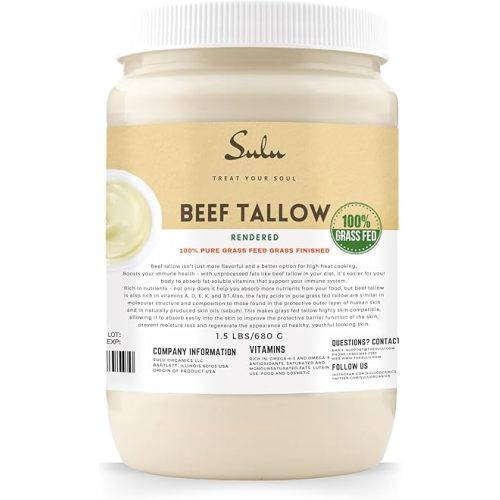 SULU ORGANICS 100% Pure Rendered Grass Fed and Grass Finished Beef Tallow-Food Grade- 24 oz/1.5 LBS- US Raised Non GMO 100% Suet