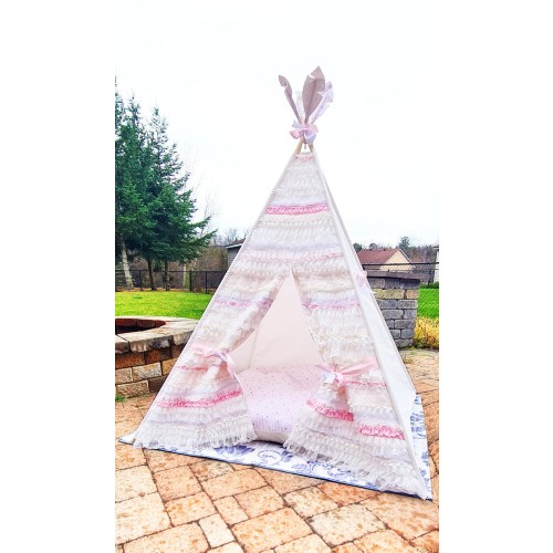 Thousands Frills Boho-style Off-white and Pink Girl's Play Teepee Tent Bunting Flag Window Floor cushion Playhouse Reading Nook