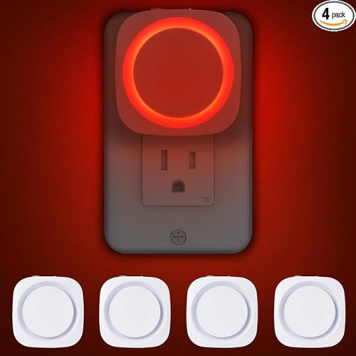 Red Night Lights Plug into Wall, 4 Packs Dimmable Night Light with Dust to Dawn Sensor, Automatically Turn on and Off, Gentle Glow Nightlight for Bathroom,Bedroom,Stairs,Kitchen,Hallway, Red