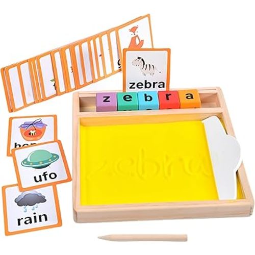 Wooden Sand Writing Tray – Educational Sand Tray for 3 Year Old Kids with Cards, Blocks & Pen – Trace Letters, Numbers & Draw – Perfect Preschool & Classroom Gift.