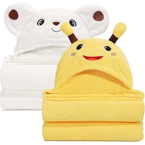 Hooded Baby Towels Boy & Girl Age 0-7, 50"x32"Large Super Soft Toddler Towel with Buttons,2Pcs Coral Fleece Thick Absorbent Cute Animal Towel Set, White Bear & Yellow Bee