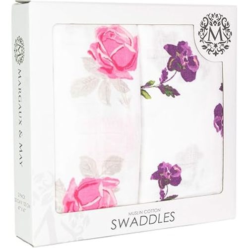 Margaux & May Muslin Swaddle Blankets 2 Pack - Large 47x47 Inches, Breathable Baby Blankets, Pink Purple Flowers - Newborn Essentials Must Haves