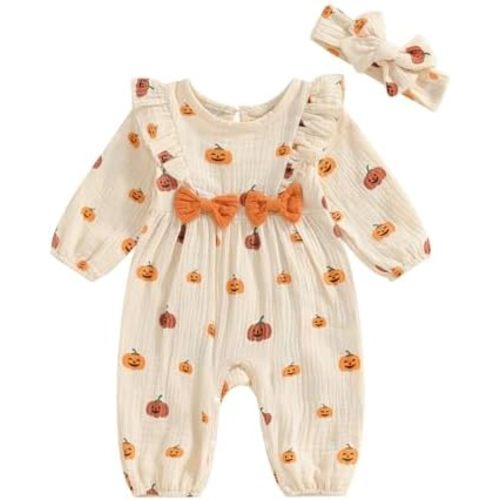 Halloween Baby Girl Outfit Infant Fall Clothes Long Sleeve Bubble Romper Pumpkin Bodysuit Jumpsuit with Headband