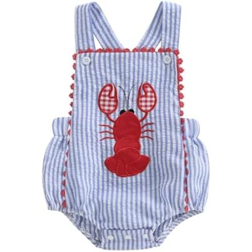 Newborn Baby Summer Clothes Crawfish Embroidery Plaid Romper Lobster Print Sleeveless Overalls Bodysuit Outfit