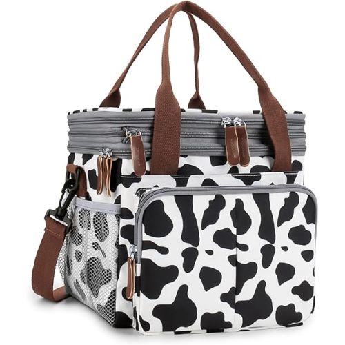 MOV COMPRA Lunch Bag for Women Men Double Deck Expandable Lunch Box,Large Lunch Bags,Leakproof Lunch Box Cooler Bag(Cow Print)