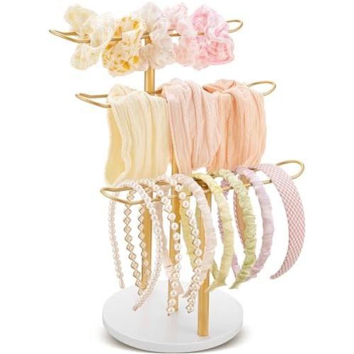 Wenqik Metal Headband Holder 3-Tier Headband Organizer Hairband Holder Organizer Hair Hoop Display Stand with Wooden Base Hairband Organizer for Women Bracelets Bangle Bedroom Storage Decor