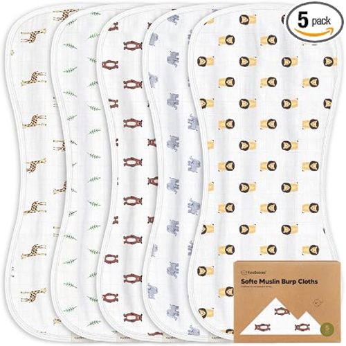 5-Pack Muslin Burp Cloths Baby Boy, Girl - Very Absorbent Baby Burp Cloth Rags, 8-Layers Viscose Derived from Bamboo Cotton Muslin Towel, Super Soft Spit Up Rags, No Shrink Washcloths (The Wild)
