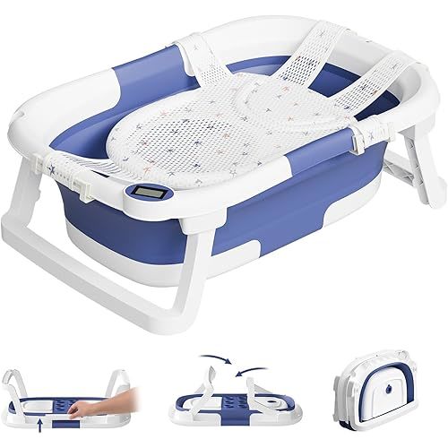 Collapsible Baby Bathtub,Baby Bath Tub with Soft Cushion & Thermometer,Baby Bathtub Newborn to Toddler 0-36 Months,Portable Travel Baby Tub,Blue