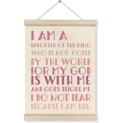 HRQKO I Am a Daughter of King Pink Christian Wall Art Poster Hanger Frame, Pink Bible Verses Wall Decor Posters with Wooden Frames, Scripture Wall Hanging Decor for Nursery Girls Room, 12x16 Inch
