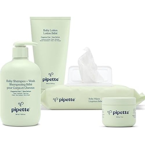 Pipette Newborn Baby Care Essentials Set, Clean, Fragrance-Free Shampoo +Wash, Fragrance-Free Lotion, Hydrating Baby Balm, Water-Based Baby Wipes, Sulfate & Paraben Free