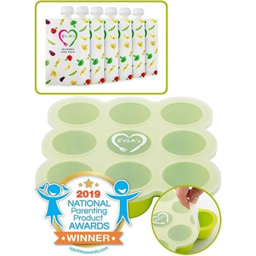EVLA'S Baby Food Freezer Trays & Reusable Food Pouches Meal Prep Combo for Babies and Toddlers, Baby Food Containers & Meal Storage Perfect for Serving Homemade Healthy Smoothies & Purees