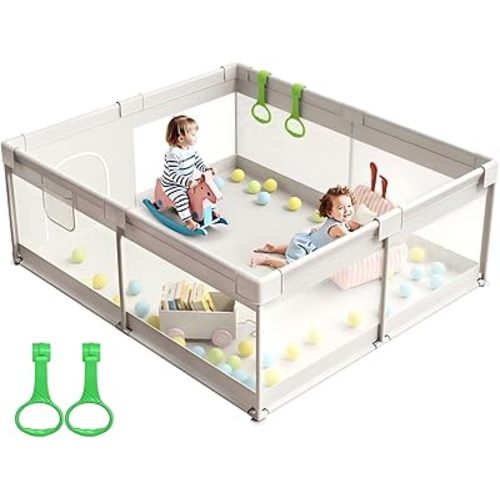 ZEEBABA Extra Large Baby Playpen - 69x59in Play Yard for Babies & Toddlers, Indoor Play Pen with Breathable Mesh and Gate, Parc pour Bébé, Safe Play Pens Give Mom’s Hands a Break