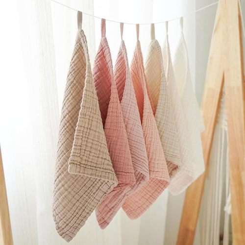 Konssy Baby Muslin Washcloths 7 Pack -100% Cotton Baby Bath Towels, Soft Baby Wash Cloths and Absorbent Burp Cloths for Newborn Kids Girls and Boys, 12x12 inches - Pink