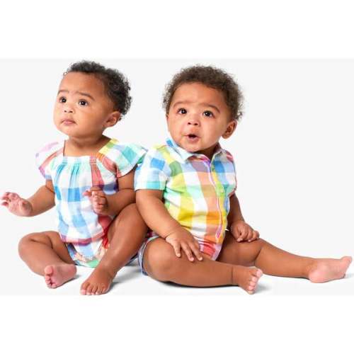 Baby Flutter Sleeve Shortie In Rainbow Gingham, White Rainbow Check - Primary | Maisonette