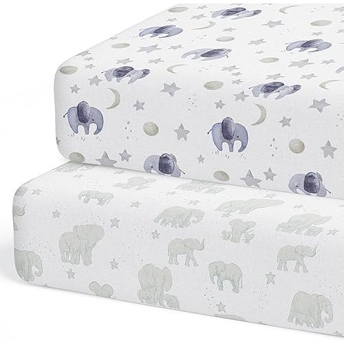 Crib Sheets Neutral - Fitted Baby Crib Sheets Bed for Girl Boy - 2 Pack Standard & Toddler Mattress (Watercolor Elephants) - Buttery Soft Organic Cotton Blend
