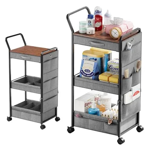 BBLIKE 3-Tier Diaper Caddy Organizer - Rolling Utility Baby Cart with Drawer and Side Pockets for Nursery and Baby Essentials, Multi-Function Cart for Bedroom and Bathroom, Black and Brown