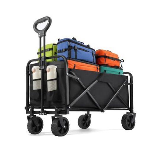 Heavy-Duty Collapsible Wagon - 200 lbs Capacity, All-Terrain Wheels, Portable Beach Cart with Drink Holders for Groceries, Sports & Camping,Black
