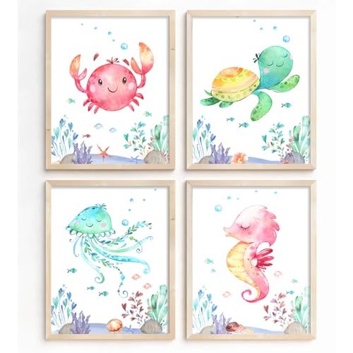 Watercolor Sea Marine Life Wall Art Prints,Sea Animals Prints Ocean Creatures Turtle,octopus,Hippocampus,Crab,Posters for Baby Nursery Kids Room Wall Decor Children's Bathroom Decor,Set of 4(8" X 10"