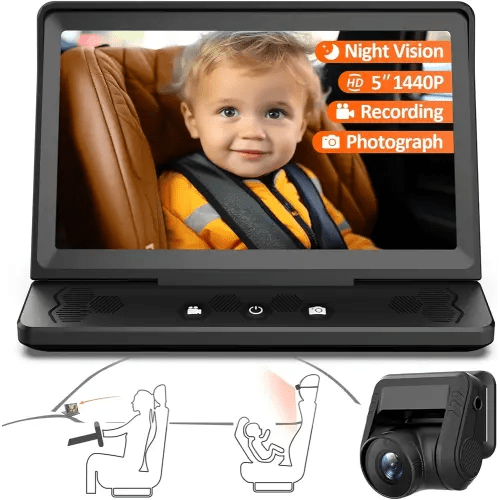 7” Baby Car Camera HD 1440P Recording, 5” Screen Baby Car Monitor with Full-Color Night Vision Camera, Infant Safety Baby Car Mirror Rear Facing for Backseat, Wide Clear View, Easy Installation