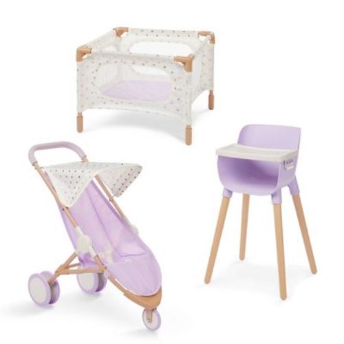 LullaBaby Nursery Playset Lavendar and Stars - 3pc: Doll Accessories Set with Stroller & High Chair