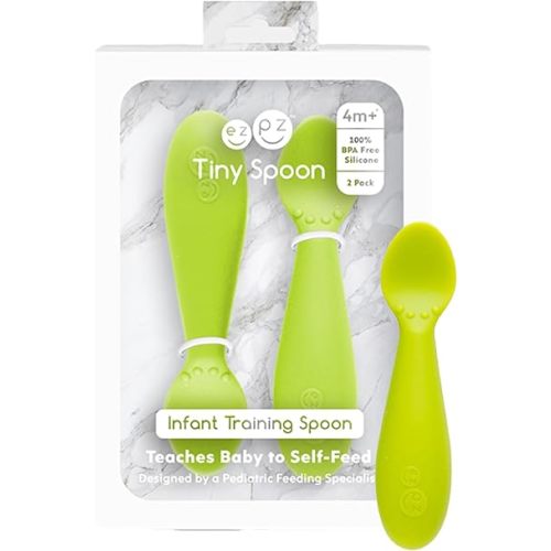 ezpz Tiny Spoon (2 Pack in Lime) - 100% Silicone Baby Spoon for Baby Led Weaning + Purees - Baby Spoons for 4 Months+