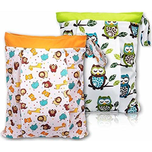 BONTIME Wet Bag for Cloth Diapers - Double Pockets & Antislide Zippered Wet Dry Diaper Bags,12"x 16",2-Pack,