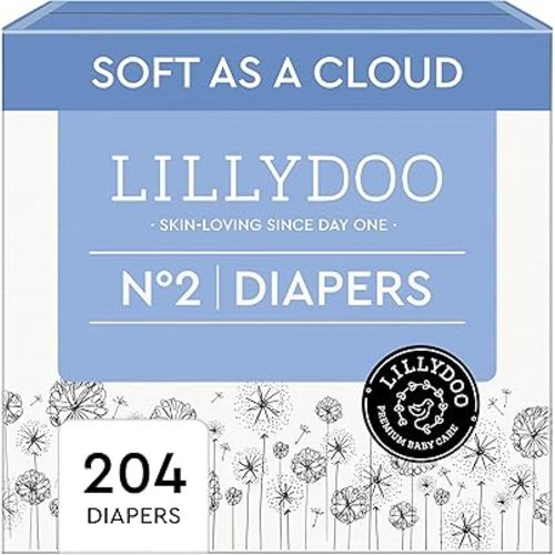 LILLYDOO Baby Diapers - Size 2 (9+ lbs), 204 Count, Leak Protection, Skin-Friendly, Ultrasoft, Perfume- & Chlorine-Free, Hypoallergenic, Dermatologist Tested, Oeko-TEX®