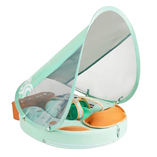 Mambobaby Non-Inflatable Baby Pool Float with Tail and Canopy UPF 50+ Sun Protection No Flip Over Infant Swim Float Skin-Friendly Mambo Float Swim Trainer Solid Baby Swimming Ring Foldable Style