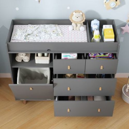 Famapy Baby Changing Table with Multi-Storage Drawers, Cabinet & Diaper Organizer,Safe Organized Nursery Station