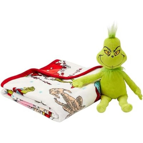 Dr. Seuss The Grinch Holiday & Christmas Kids Bedding Super Soft Plush Pillow and Throw 2 Piece Set, 40 in x 50 in (Officially Licensed Product) By Franco