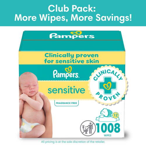 Pampers Sensitive Baby Wipes, Clinically Proven, Water Based, Hypoallergenic and Unscented Baby Wipes, 1008 Baby Wipes Total (12X Flip-Top Packs)