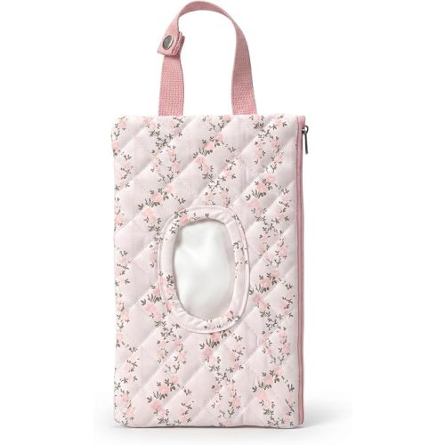 Quilted Diaper Wipe Pouch Hanging Floral Wet Wipes Bag Reusable Fabric Cover with Zipper & Lanyard for Car Daily Casual Travel Mommy Bag (C)