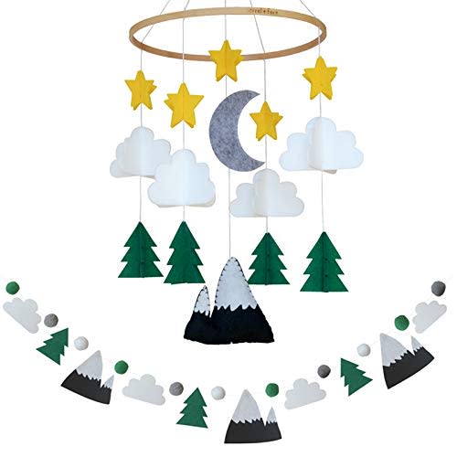 Baby Crib Mobile (Starry Woodland Night w/Garland, Evergreen) - Nursery Decoration Crib Mobile and Baby Shower Gift for Boys & Girls