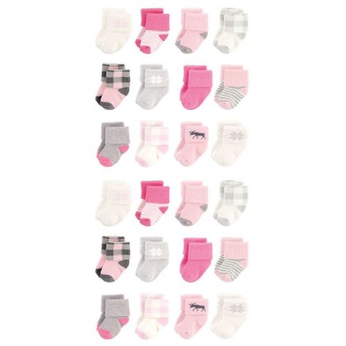 Hudson Baby Cotton Rich Baby Terry Socks 24-Pack, Pink Moose, 6-12 Months