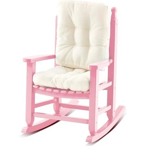 Kids Rocking Chair Cushion Pad Set Toddler Rocking Chair Indoor Outdoor Wooden Rocker Child Patio Rocker for Porch Balcony Lawn Indoor Outdoor(Pink,Ages 2-5)