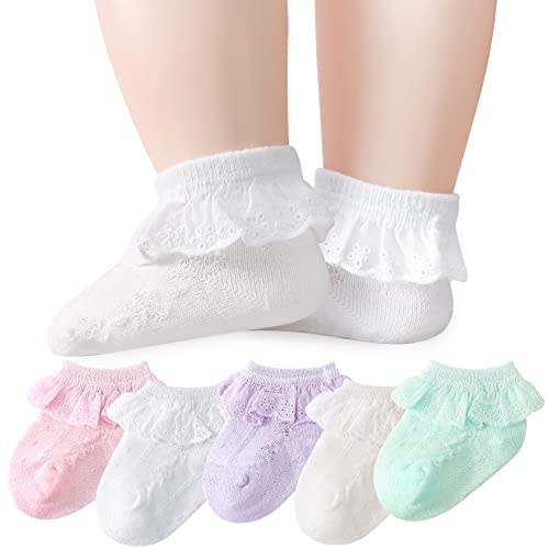 Baby Girl Lace Socks - Newborn Ruffle Cute Infant Princess Dress Frilly Socks 0-3/3-6/6-12/12-24 Months 5/6 Pack