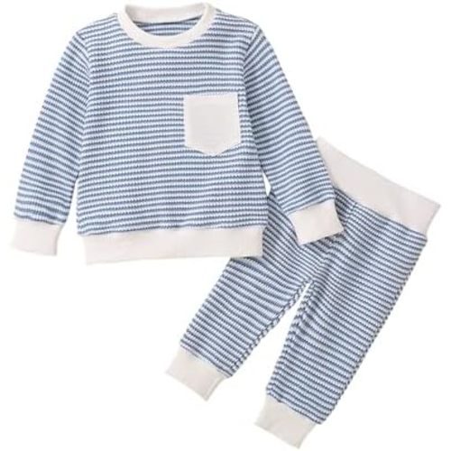 Baby Boy Fall Outfits Waffle Striped Toddler Boy Sweatshirt Pullover Tops Pants Infant Baby Fall Winter Clothes