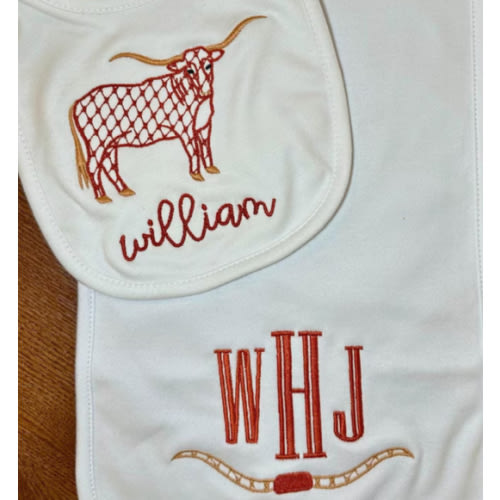 Longhorn Porter & Initial Monogram Burp Cloth - 2 Pack