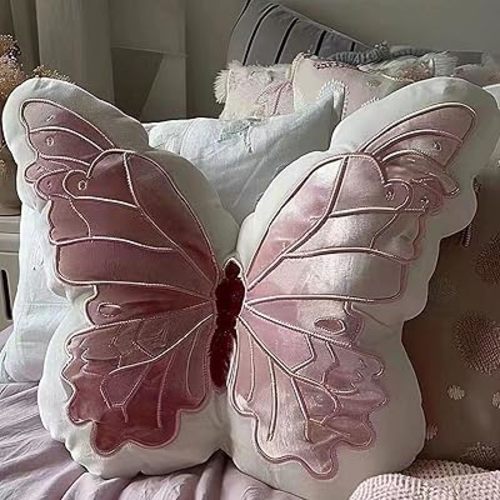 Butterfly Shaped Throw Pillow, 13.7"x21.6" Shiny Soft Butterfly Stuffed Seat Cushion Pad,Pink Butterfly Plush Pillow Decorative Animal Pillow for Couch Living Room Bed (White)