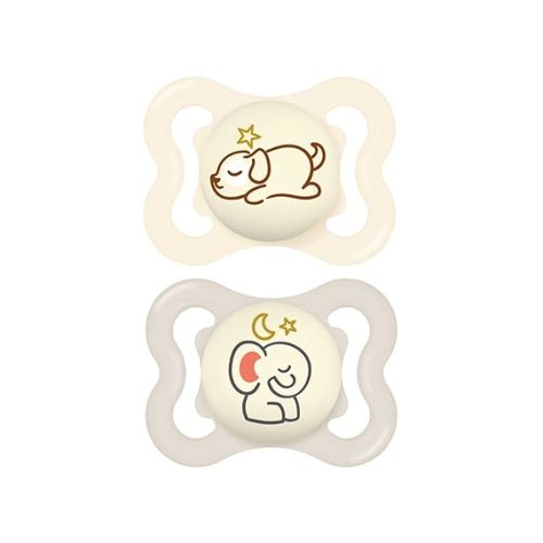 MAM Supreme Night Baby Pacifier, for Sensitive Skin, Patented Nipple, 2 Pack, 0-6 Months, Unisex,2 Count (Pack of 1) - 0-6 Month (Kids) - White