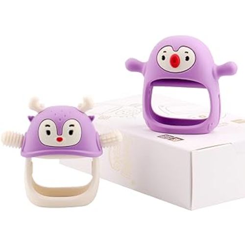 Smily Mia Baby Teething Toy |Penguin Teether for 0-6Months |Reindeer Baby Chew Toys for 3m+, Soft Silicone Hand Teether |Teething Mitten for Teething Pain Relief, Baby Essentials Gift Box, Purple