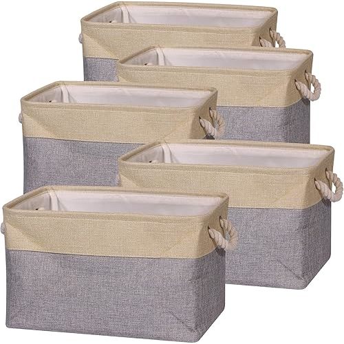 5 Pack Large Storage Basket Bin Foldable Storage Cube Box Canvas Fabric Collapsible Organizer with Handles for Closet Home Office Clothes Shelf Nursery, Grey Beige