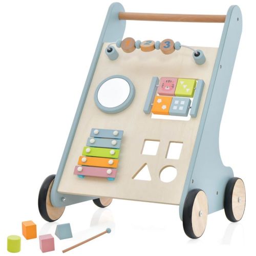 Wooden Toddler Push Walker Educational Toy W/ Xylophone & Flip Blocks Blue