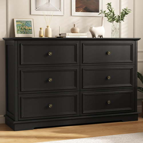 IDEALSOUL Black 6-Drawer Dresser, Wood Bedroom Storage Cabinet, Vintage Style, Safety Features